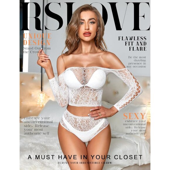 🆕Women White Lace Mesh Fishnet Baby doll  Long Sleeve See Through Lingerie - Picture 2 of 5